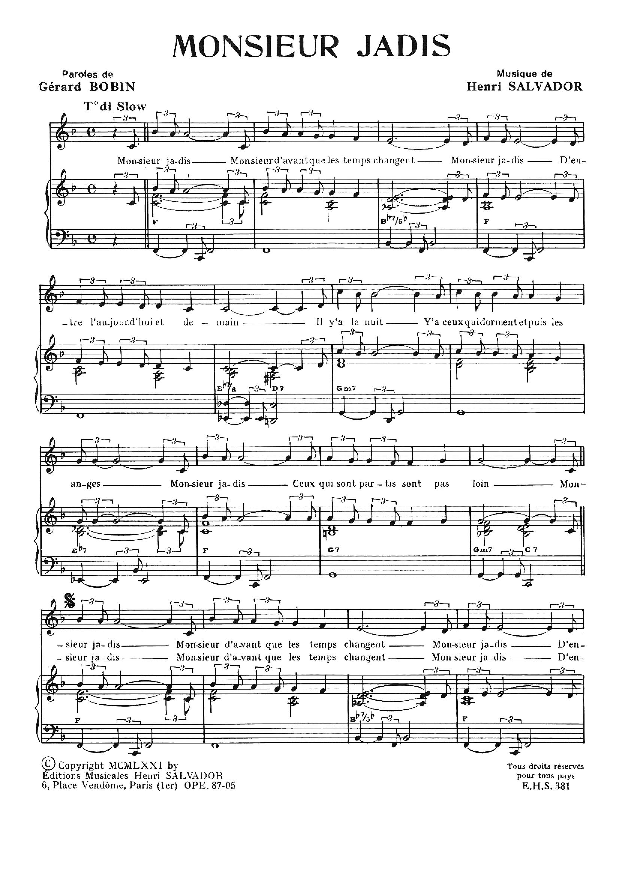 Henri Salvador Monsieur Jadis Sheet Music Notes & Chords for Piano & Vocal - Download or Print PDF