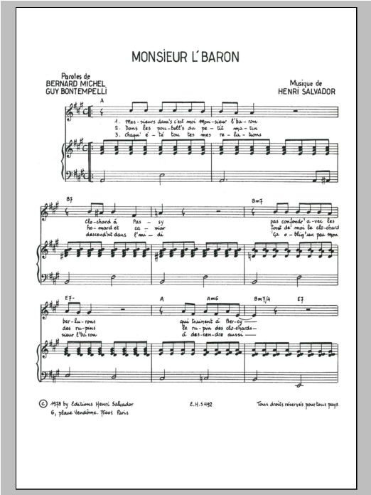 Henri Salvador Monsieur L'Baron Sheet Music Notes & Chords for Piano & Vocal - Download or Print PDF