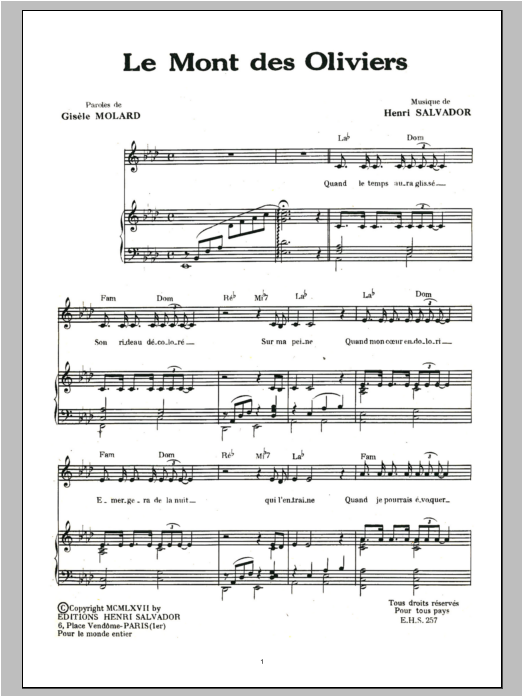 Henri Salvador Mont Des Oliviers Sheet Music Notes & Chords for Piano & Vocal - Download or Print PDF