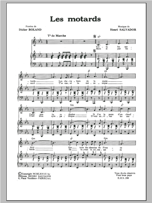 Henri Salvador Motards, Les Sheet Music Notes & Chords for Piano & Vocal - Download or Print PDF