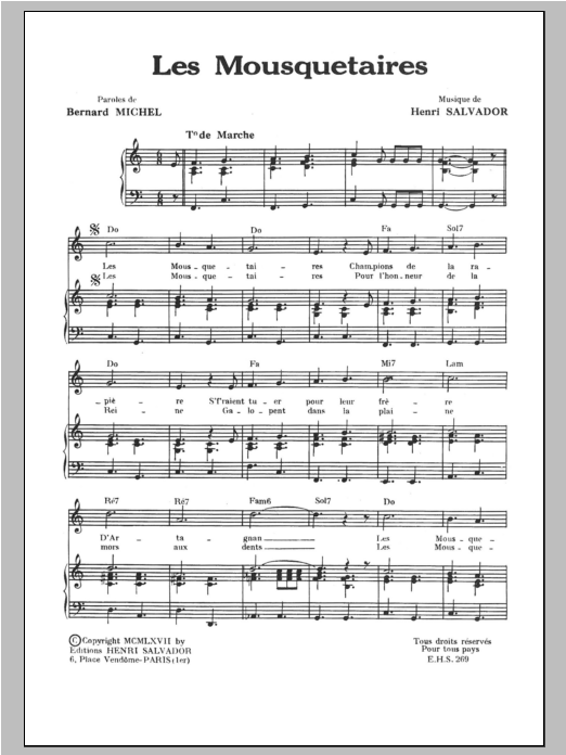 Henri Salvador Mousquetaires Sheet Music Notes & Chords for Piano & Vocal - Download or Print PDF