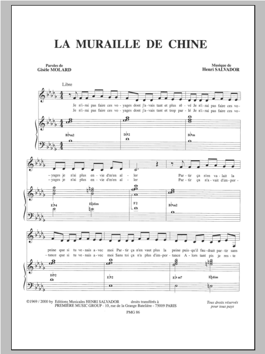 Henri Salvador Muraille De Chine Sheet Music Notes & Chords for Piano & Vocal - Download or Print PDF