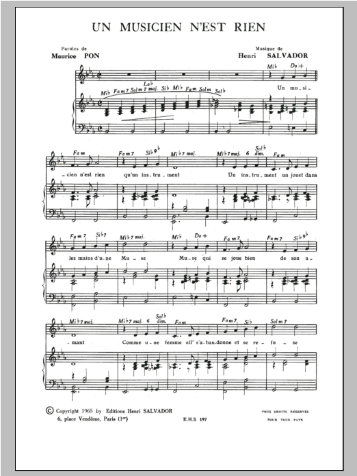 Henri Salvador Musicien N'est Rien Sheet Music Notes & Chords for Piano & Vocal - Download or Print PDF