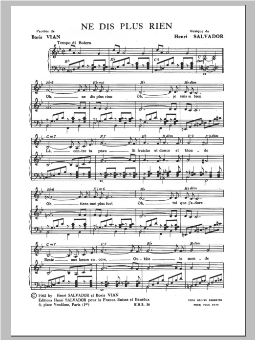 Henri Salvador Ne Dis Plus Rien Sheet Music Notes & Chords for Piano & Vocal - Download or Print PDF