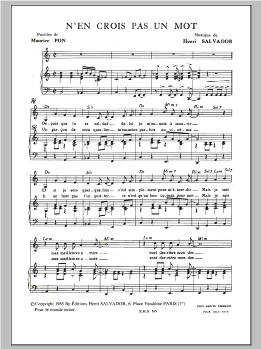 Henri Salvador N'en Crois Pas Un Mot Sheet Music Notes & Chords for Piano & Vocal - Download or Print PDF