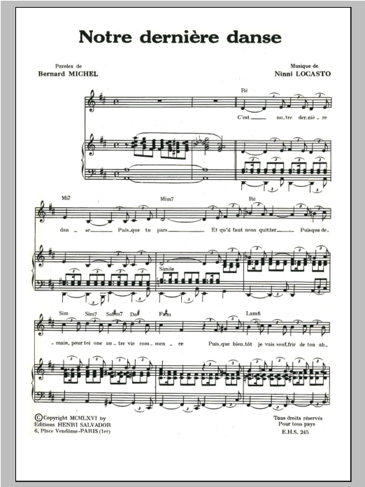 Henri Salvador Notre Derniere Danse Sheet Music Notes & Chords for Piano & Vocal - Download or Print PDF