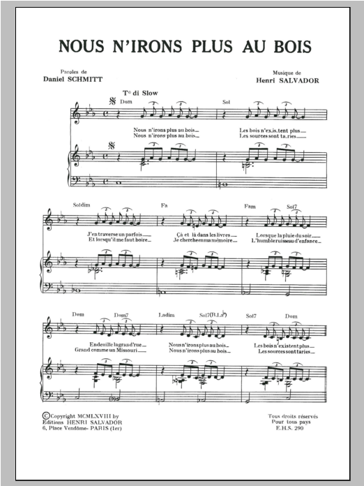 Henri Salvador Nous N'irons Plus Au Bois Sheet Music Notes & Chords for Piano & Vocal - Download or Print PDF