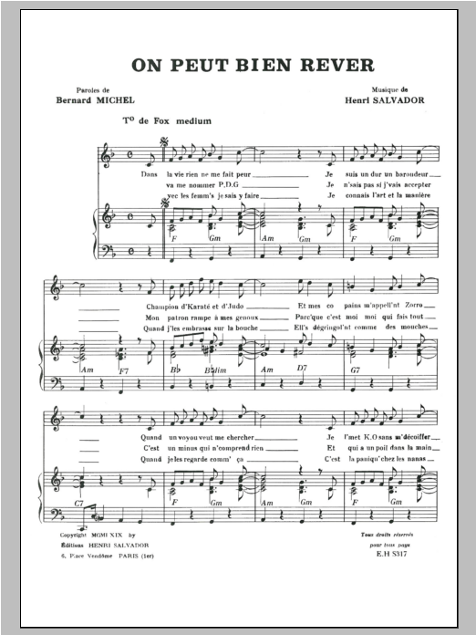 Henri Salvador On Peut Bien Rever Sheet Music Notes & Chords for Piano & Vocal - Download or Print PDF