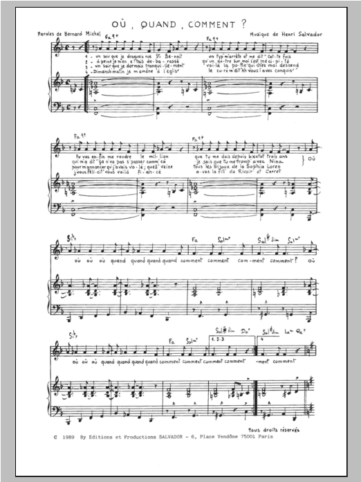 Henri Salvador Ou Quand Comment Sheet Music Notes & Chords for Piano & Vocal - Download or Print PDF