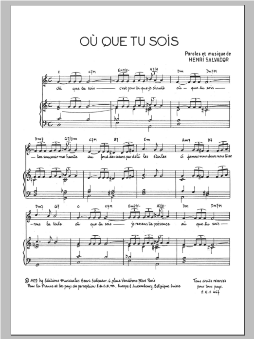 Henri Salvador Ou Que Tu Sois Sheet Music Notes & Chords for Piano & Vocal - Download or Print PDF