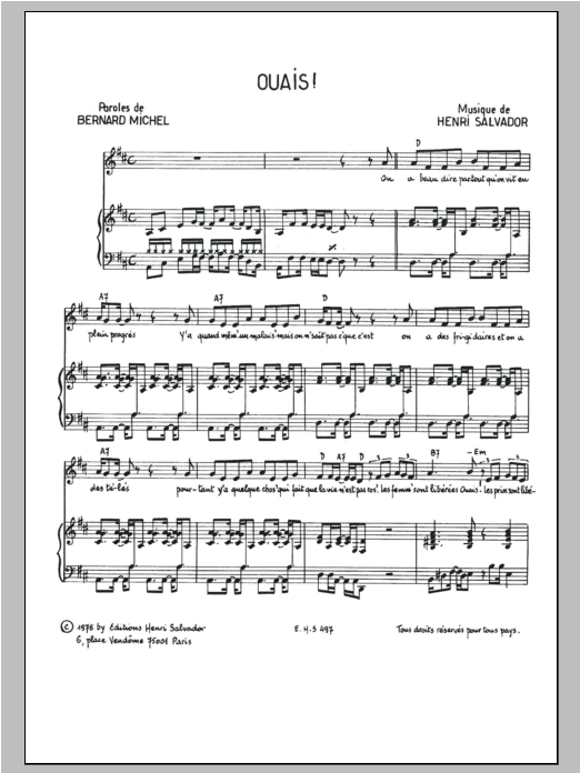 Henri Salvador Ouais Sheet Music Notes & Chords for Piano & Vocal - Download or Print PDF Henri Salvador Ouais Sheet Music Notes & Chords for Piano & Vocal - Download or Print PDF