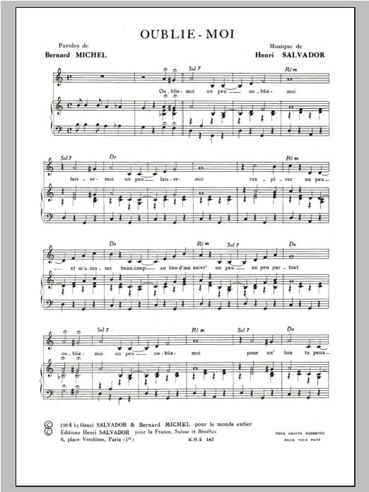 Henri Salvador Oublie Moi Sheet Music Notes & Chords for Piano & Vocal - Download or Print PDF