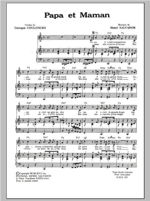 Henri Salvador Papa Et Maman Sheet Music Notes & Chords for Piano & Vocal - Download or Print PDF