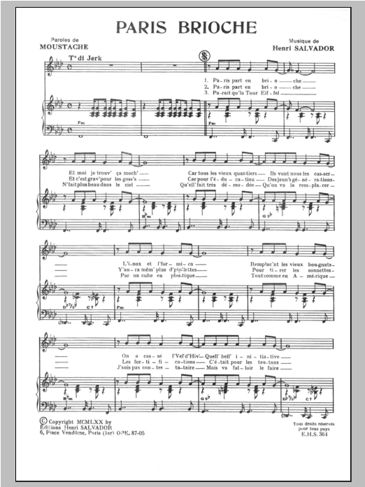 Henri Salvador Paris Brioche Sheet Music Notes & Chords for Piano & Vocal - Download or Print PDF