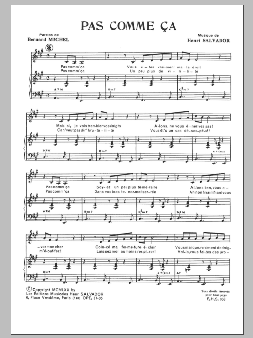 Henri Salvador Pas Comme Ca Sheet Music Notes & Chords for Piano & Vocal - Download or Print PDF