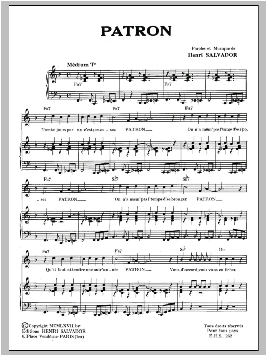 Henri Salvador Patron Sheet Music Notes & Chords for Piano & Vocal - Download or Print PDF