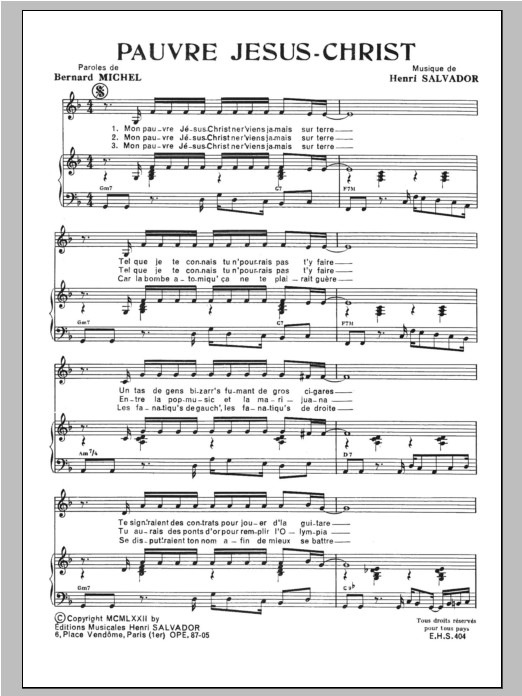 Henri Salvador Pauvre Jesus Christ Sheet Music Notes & Chords for Piano & Vocal - Download or Print PDF