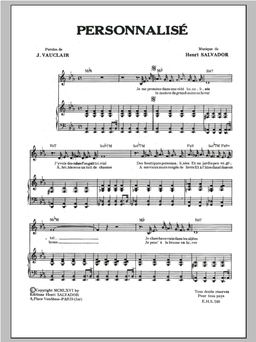 Henri Salvador Personnalise Sheet Music Notes & Chords for Piano & Vocal - Download or Print PDF