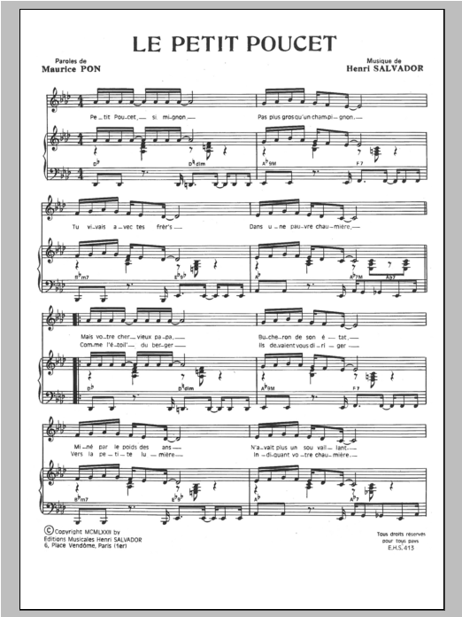 Henri Salvador Petit Poucet Sheet Music Notes & Chords for Piano & Vocal - Download or Print PDF