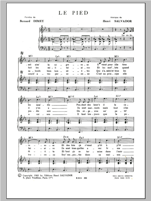 Henri Salvador Pied Sheet Music Notes & Chords for Piano & Vocal - Download or Print PDF