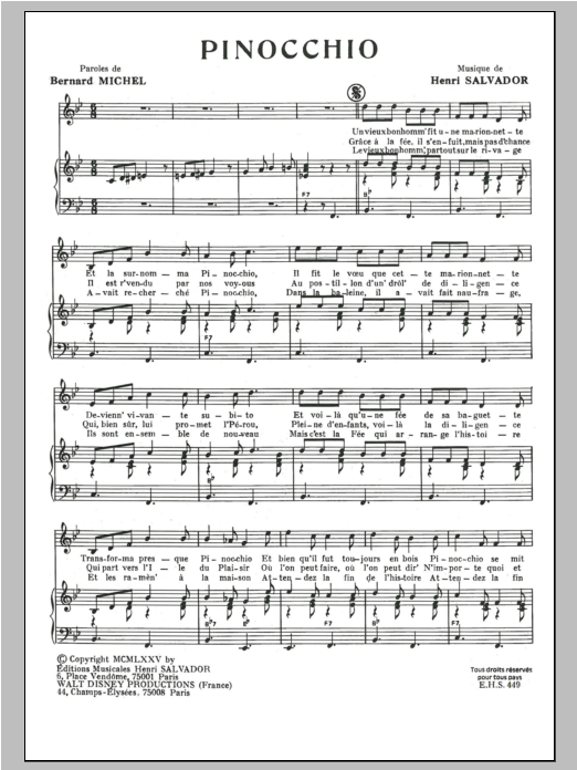 Henri Salvador Pinocchio Sheet Music Notes & Chords for Piano & Vocal - Download or Print PDF