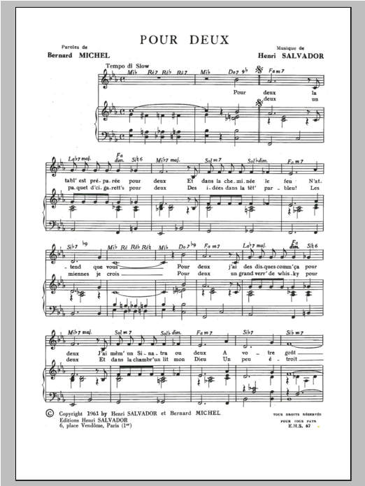 Henri Salvador Pour Deux Sheet Music Notes & Chords for Piano & Vocal - Download or Print PDF