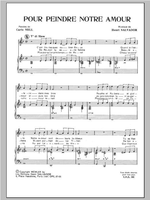 Henri Salvador Pour Peindre Notre Amour Sheet Music Notes & Chords for Piano & Vocal - Download or Print PDF