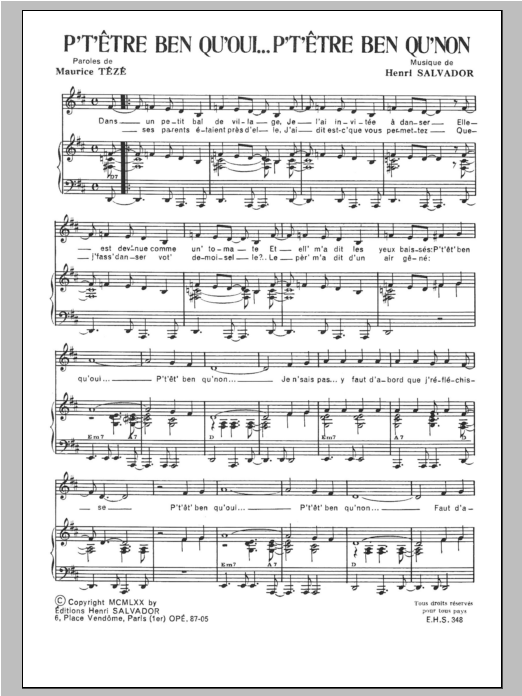 Henri Salvador P'tetre Bien Que Oui P'tetre Bien Que Non Sheet Music Notes & Chords for Piano & Vocal - Download or Print PDF