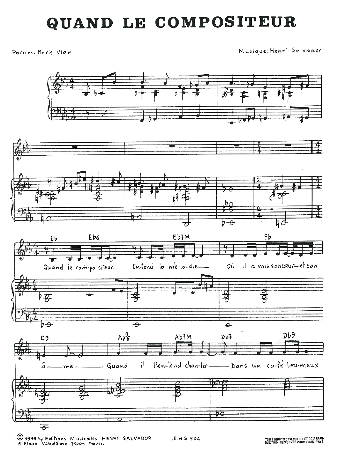 Henri Salvador Quand Le Compositeur Sheet Music Notes & Chords for Piano, Vocal & Guitar - Download or Print PDF