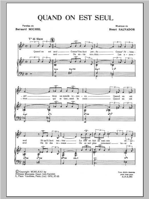 Henri Salvador Quand On Est Seul Sheet Music Notes & Chords for Piano & Vocal - Download or Print PDF