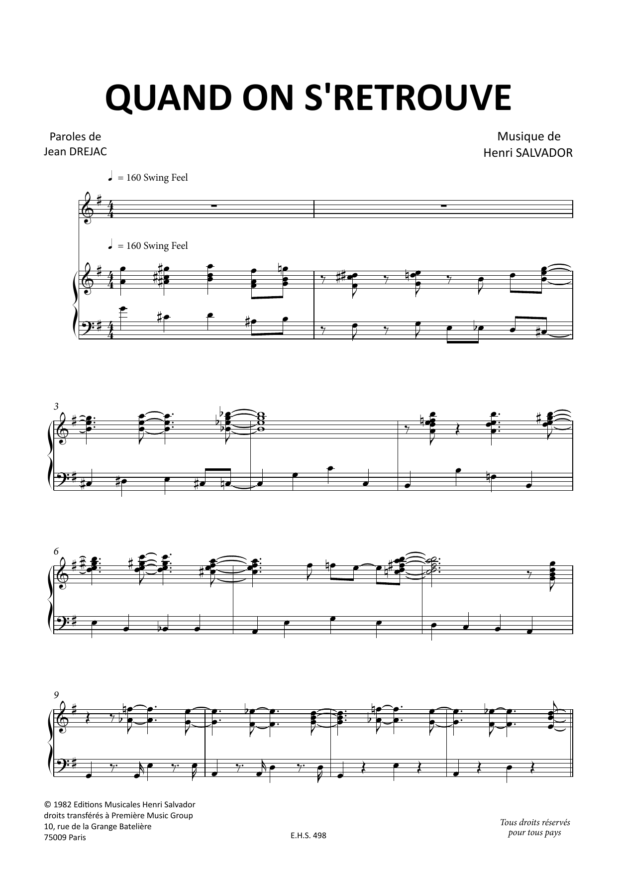 Henri Salvador Quand On Se Retrouve Sheet Music Notes & Chords for Piano & Vocal - Download or Print PDF