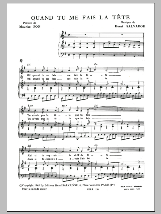 Henri Salvador Quand Tu Me Fais La Tete Sheet Music Notes & Chords for Piano & Vocal - Download or Print PDF