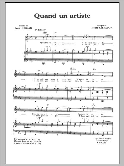 Henri Salvador Quand Un Artiste Sheet Music Notes & Chords for Piano & Vocal - Download or Print PDF