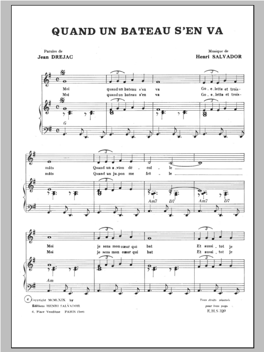Henri Salvador Quand Un Bateau S'en Va Sheet Music Notes & Chords for Piano & Vocal - Download or Print PDF
