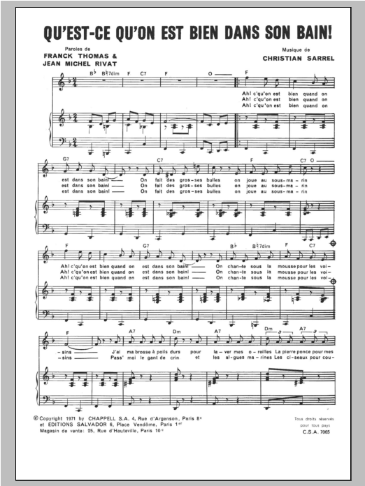 Henri Salvador Qu'est Ce Qu'on Est Bien Dans Son Bain Sheet Music Notes & Chords for Piano & Vocal - Download or Print PDF