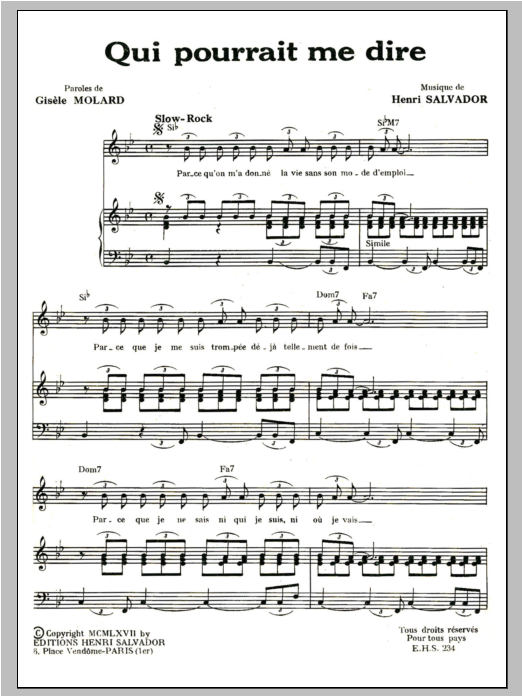 Henri Salvador Qui Pourrait Me Dire Sheet Music Notes & Chords for Piano & Vocal - Download or Print PDF