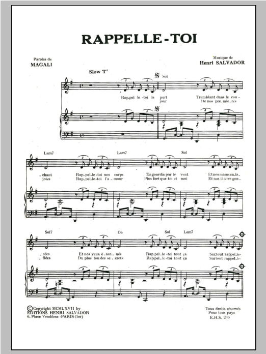 Henri Salvador Rappelle-Toi Sheet Music Notes & Chords for Piano & Vocal - Download or Print PDF