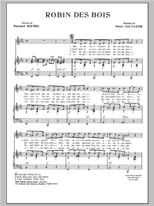 Henri Salvador Robin Des Bois Sheet Music Notes & Chords for Piano & Vocal - Download or Print PDF