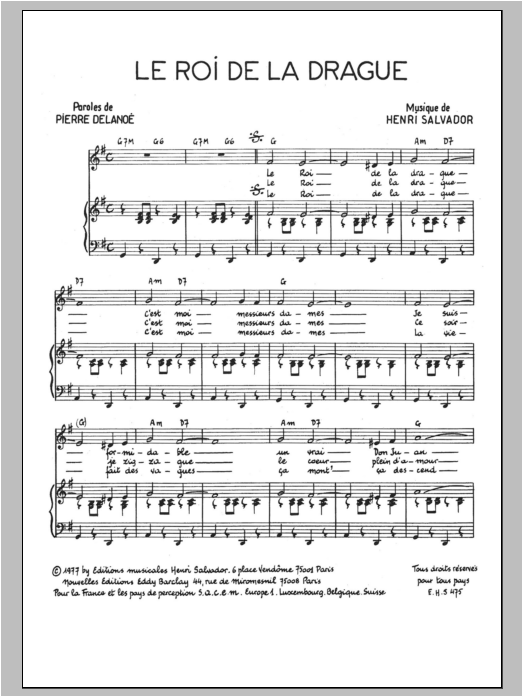 Henri Salvador Roi De La Drague Sheet Music Notes & Chords for Piano & Vocal - Download or Print PDF