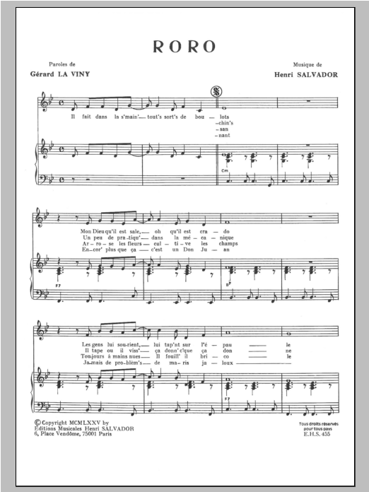 Henri Salvador Roro Sheet Music Notes & Chords for Piano & Vocal - Download or Print PDF
