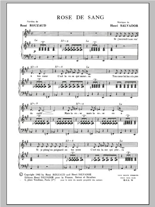 Henri Salvador Rose De Sang Sheet Music Notes & Chords for Piano & Vocal - Download or Print PDF