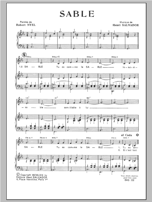 Henri Salvador Sable Sheet Music Notes & Chords for Piano & Vocal - Download or Print PDF