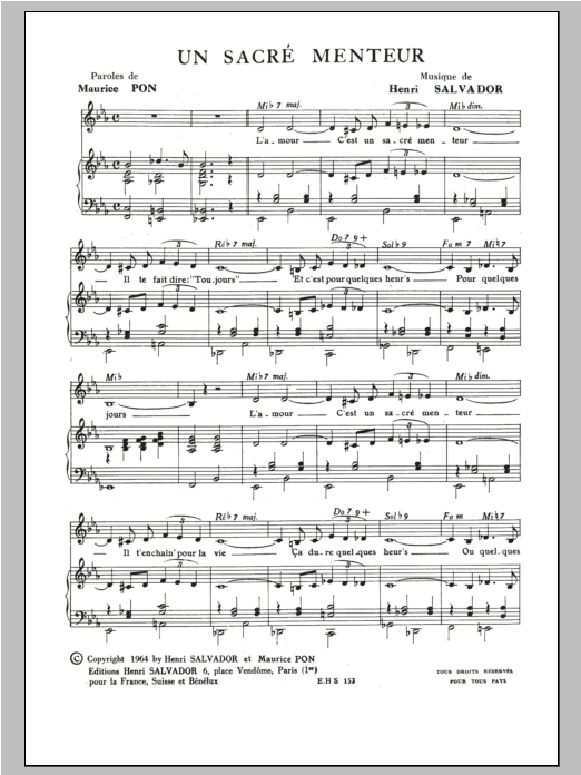 Henri Salvador Sacre Menteur Sheet Music Notes & Chords for Piano & Vocal - Download or Print PDF