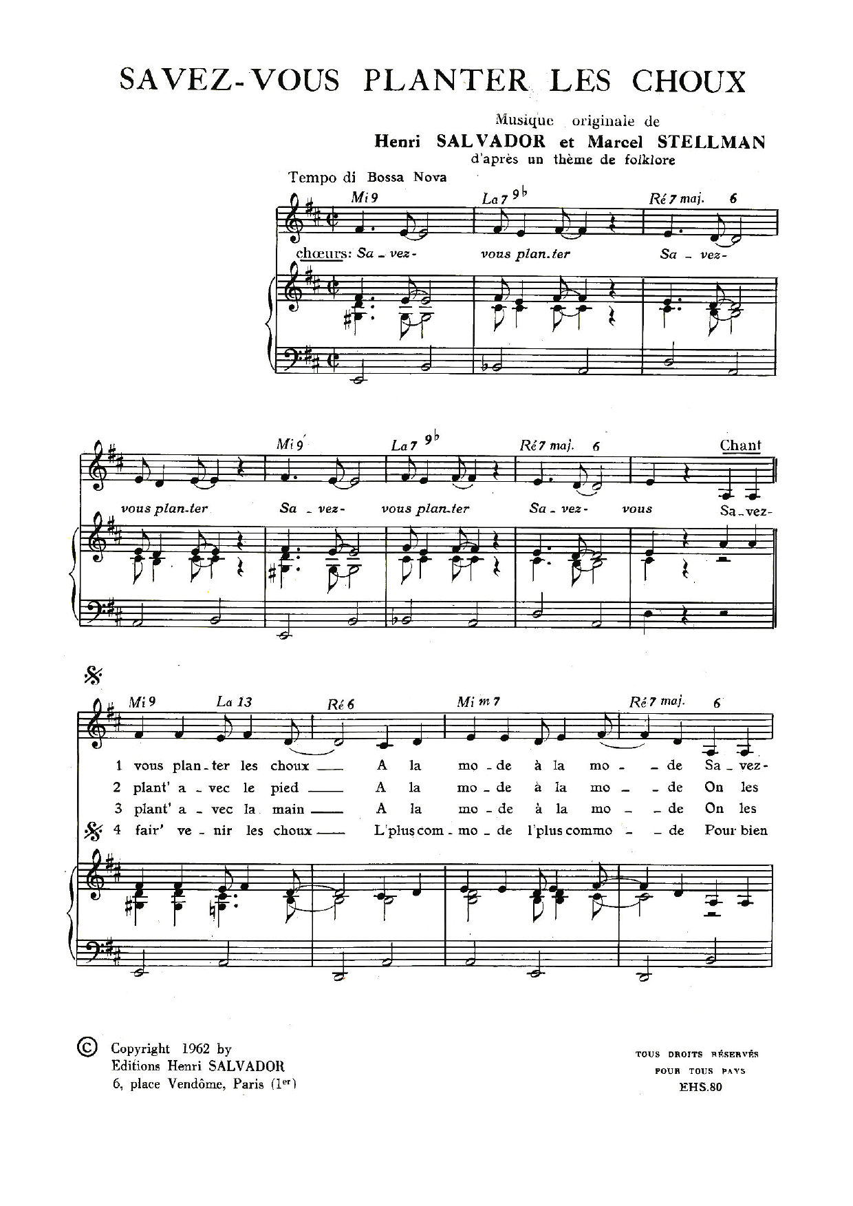 Henri Salvador Savez-Vous Planter Les Choux? Sheet Music Notes & Chords for Piano & Vocal - Download or Print PDF