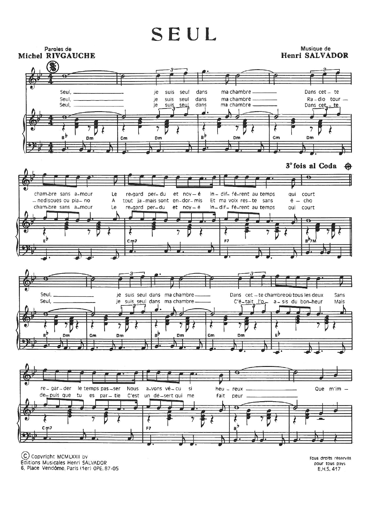 Henri Salvador Seul Sheet Music Notes & Chords for Piano & Vocal - Download or Print PDF
