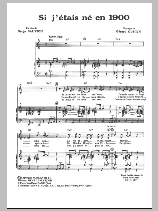 Henri Salvador Si J'etais Ne En 1900 Sheet Music Notes & Chords for Piano & Vocal - Download or Print PDF