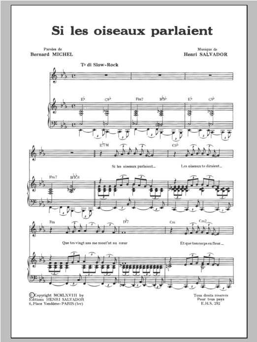 Henri Salvador Si Les Oiseaux Parlaient Sheet Music Notes & Chords for Piano & Vocal - Download or Print PDF