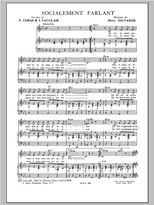 Henri Salvador Socialement Parlant Sheet Music Notes & Chords for Piano & Vocal - Download or Print PDF