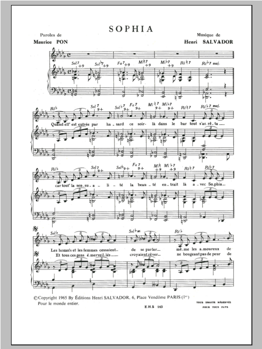 Henri Salvador Sophia Sheet Music Notes & Chords for Piano & Vocal - Download or Print PDF