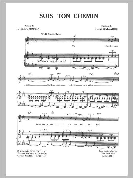 Henri Salvador Suis Ton Chemin Sheet Music Notes & Chords for Piano & Vocal - Download or Print PDF